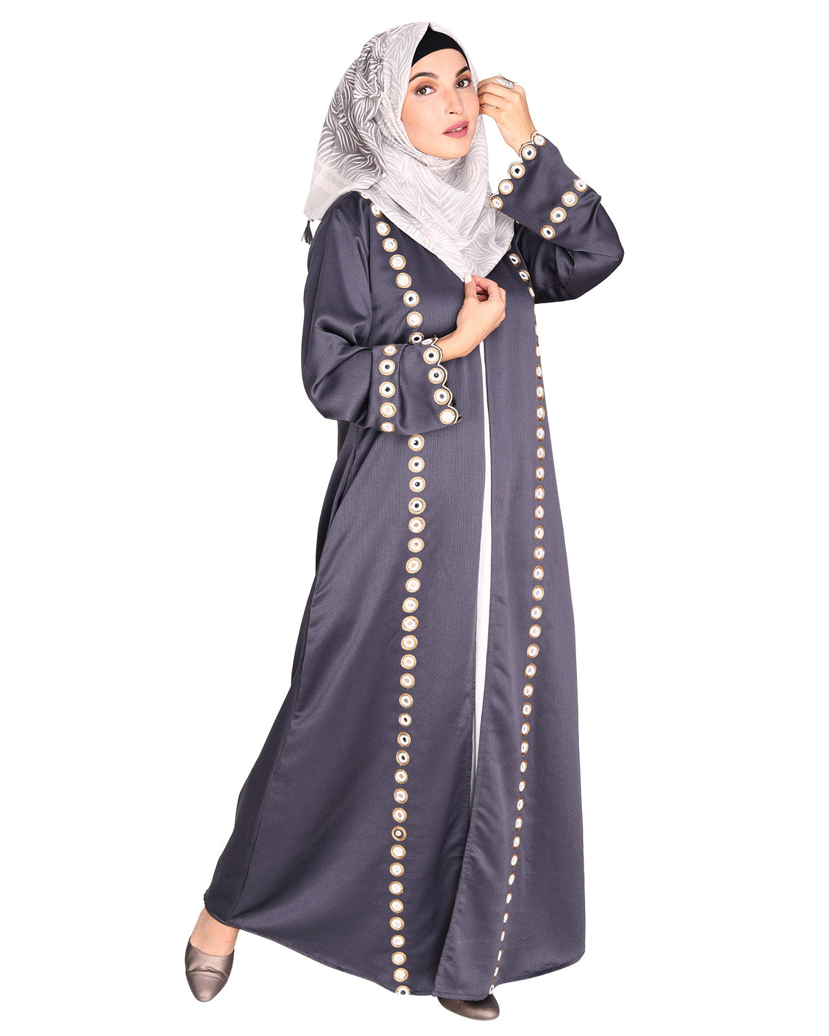 Jacket Style Abaya with Exquisite Mirror Work Grey