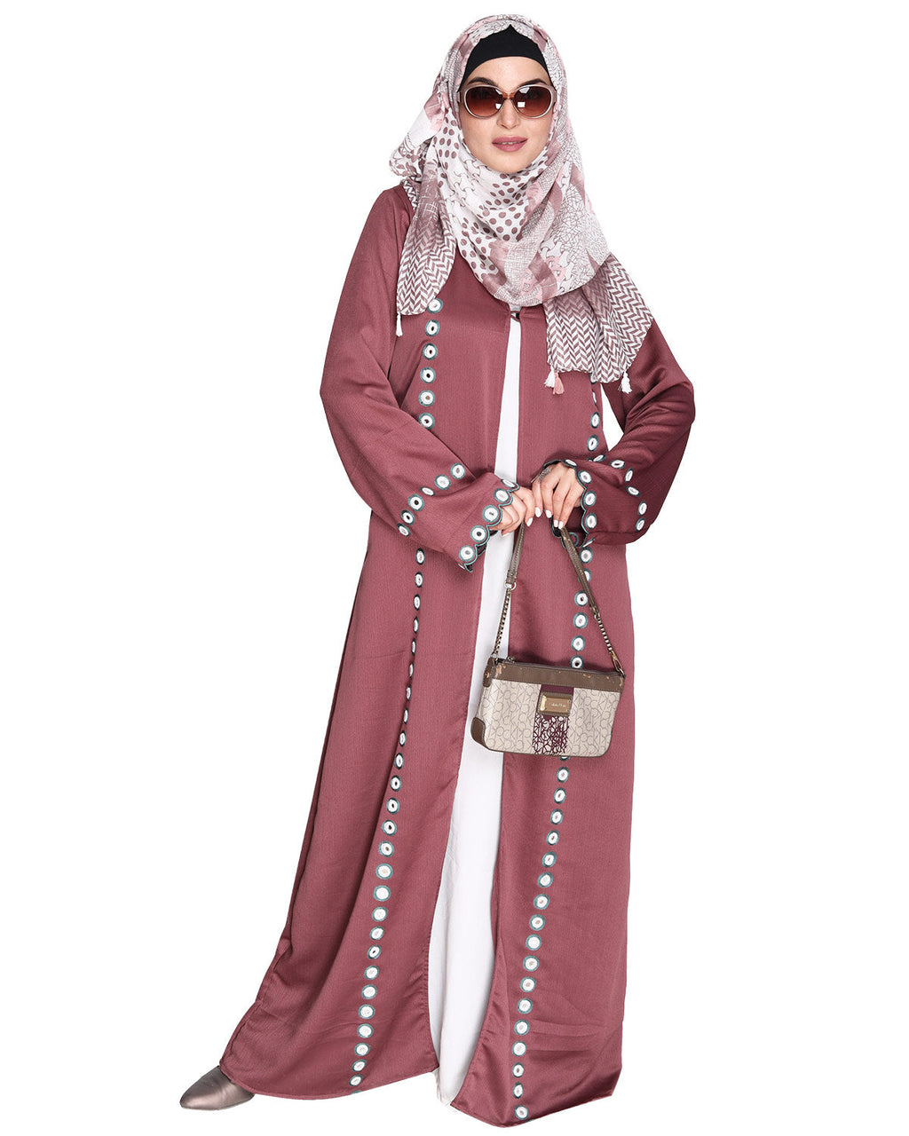 Jacket Style Abaya with Exquisite Mirror Work Light Purple