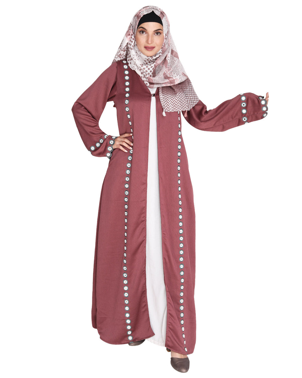 Jacket Style Abaya with Exquisite Mirror Work Light Purple