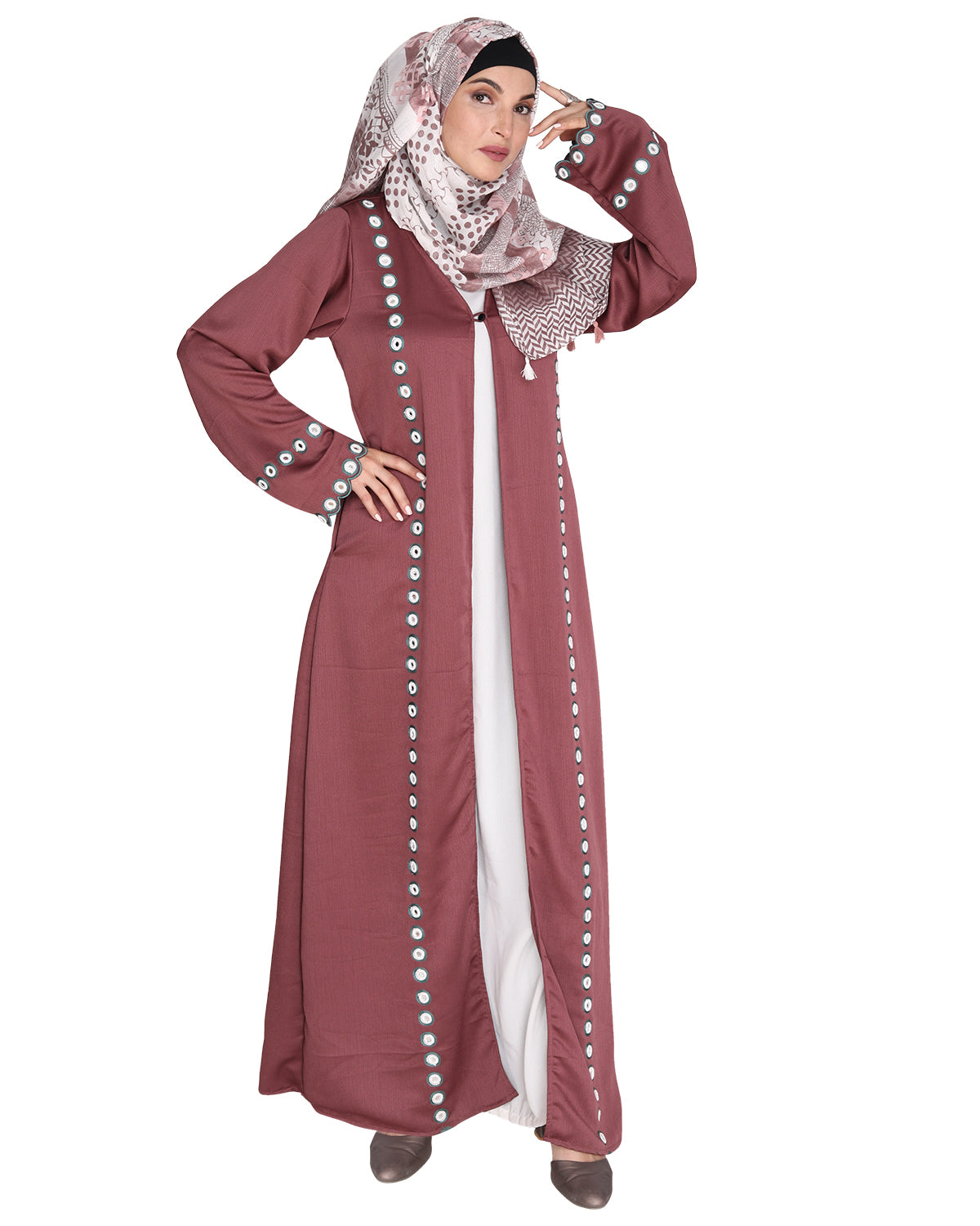 Jacket Style Abaya with Exquisite Mirror Work Light Purple