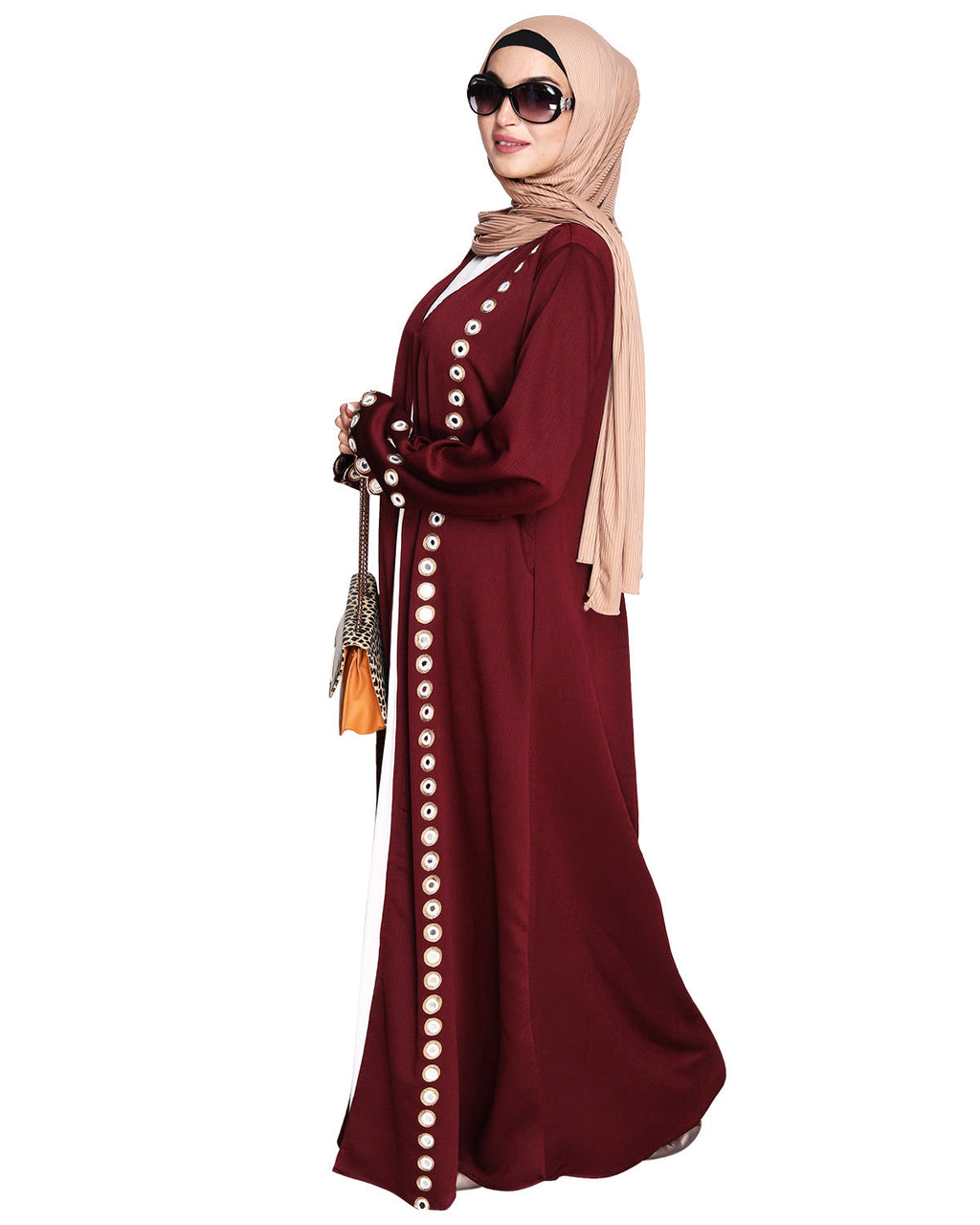 Jacket Style Abaya with Exquisite Mirror Work Wine
