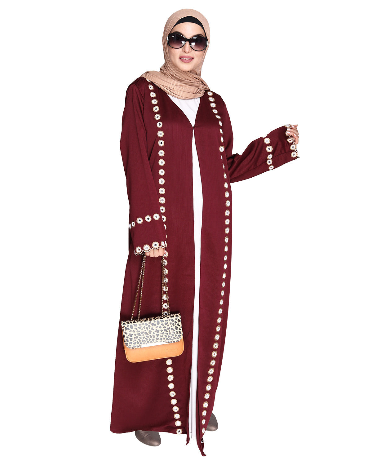 Jacket Style Abaya with Exquisite Mirror Work Wine