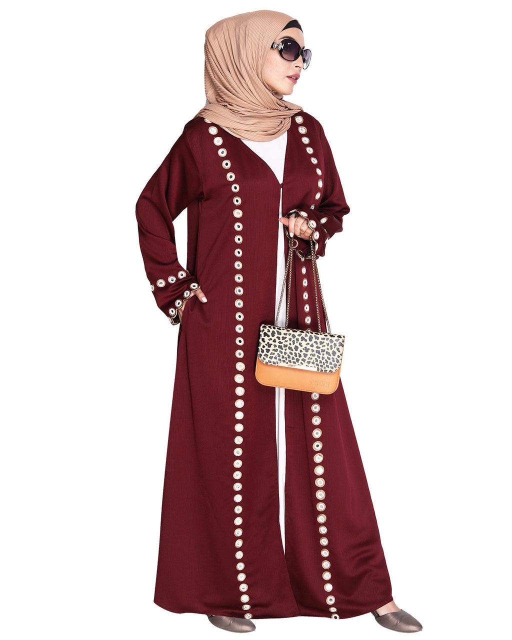 Jacket Style Abaya with Exquisite Mirror Work Wine