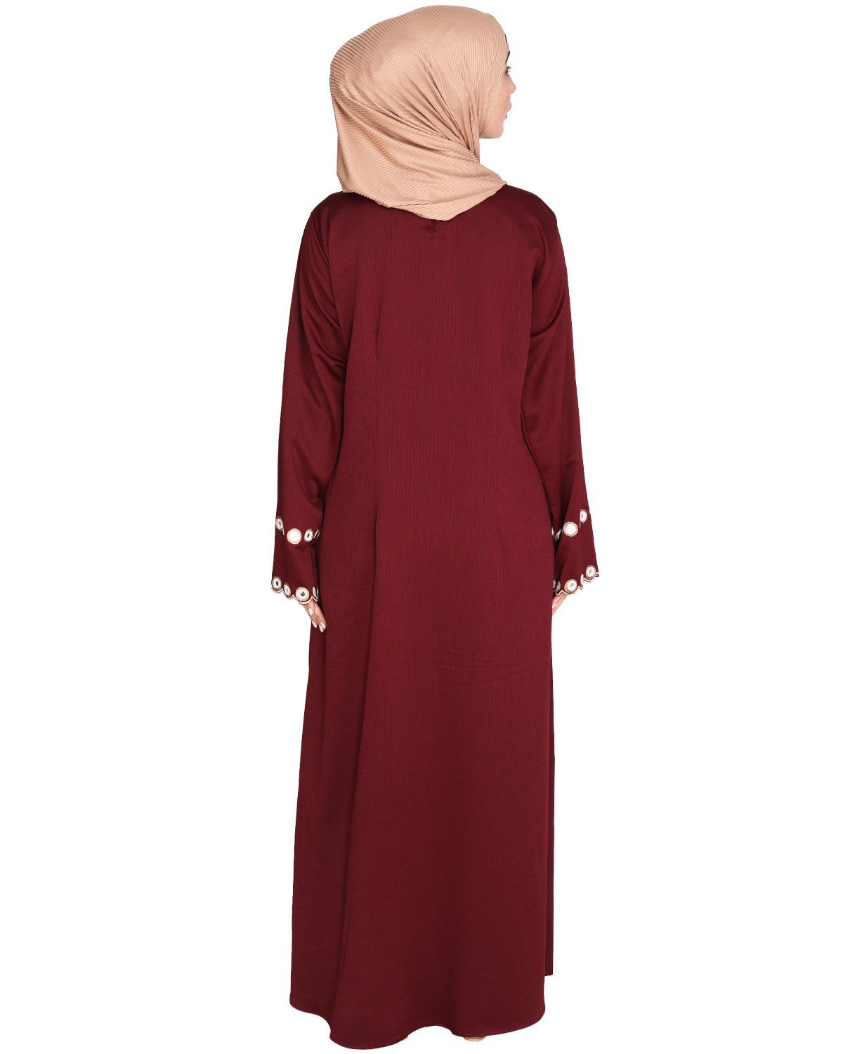 Jacket Style Abaya with Exquisite Mirror Work Wine