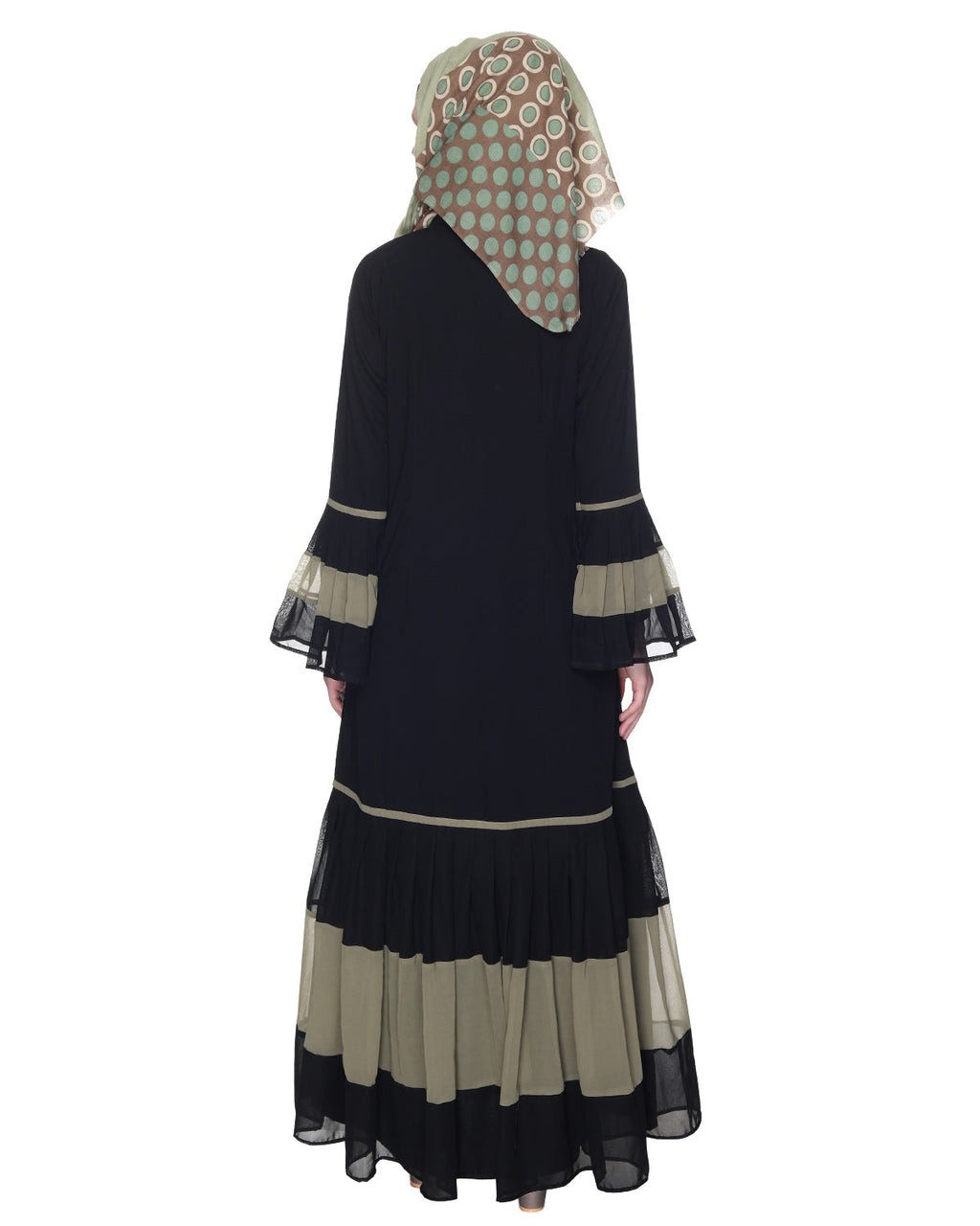 Bell Style Pleated Georgette Abaya Dead Mint Black