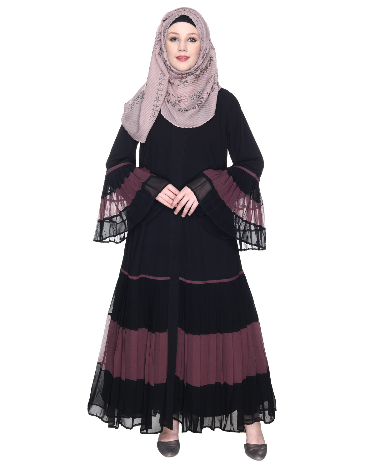 Bell Style Pleated Georgette Abaya Imperial Purple & Black