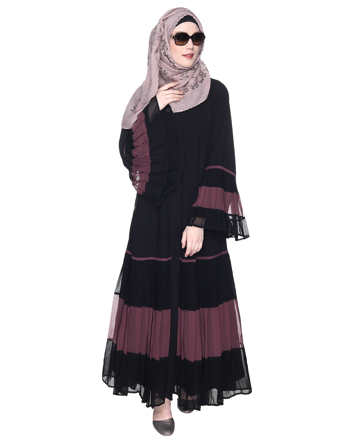 Bell Style Pleated Georgette Abaya Imperial Purple & Black
