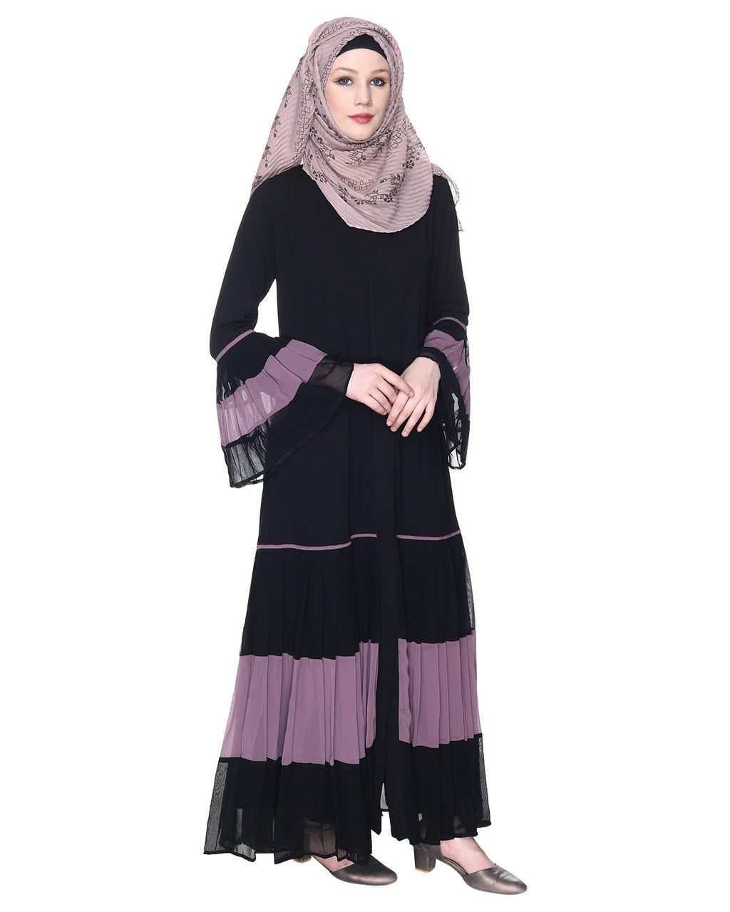Bell Style Pleated Georgette Abaya Light Purple Black