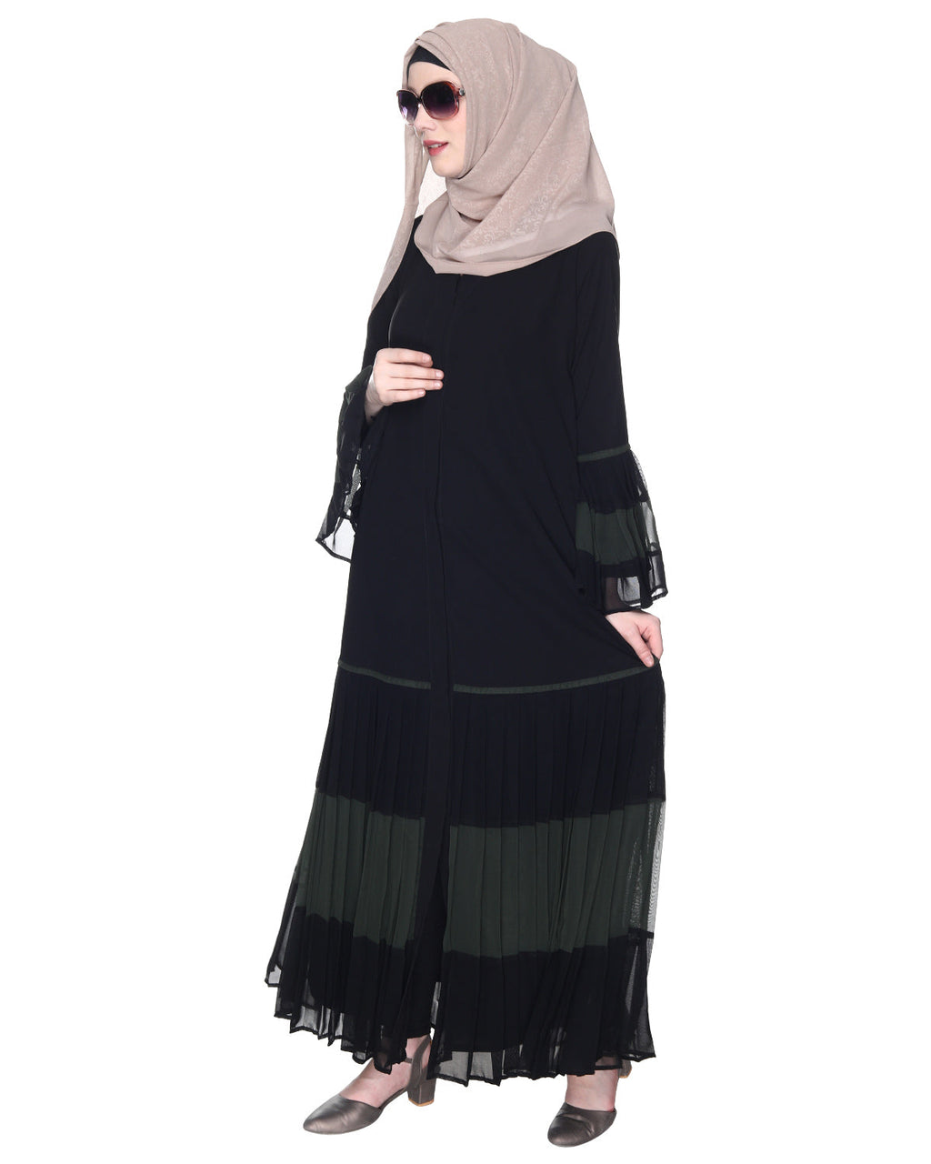 Bell Style Pleated Georgette Abaya Olive Black