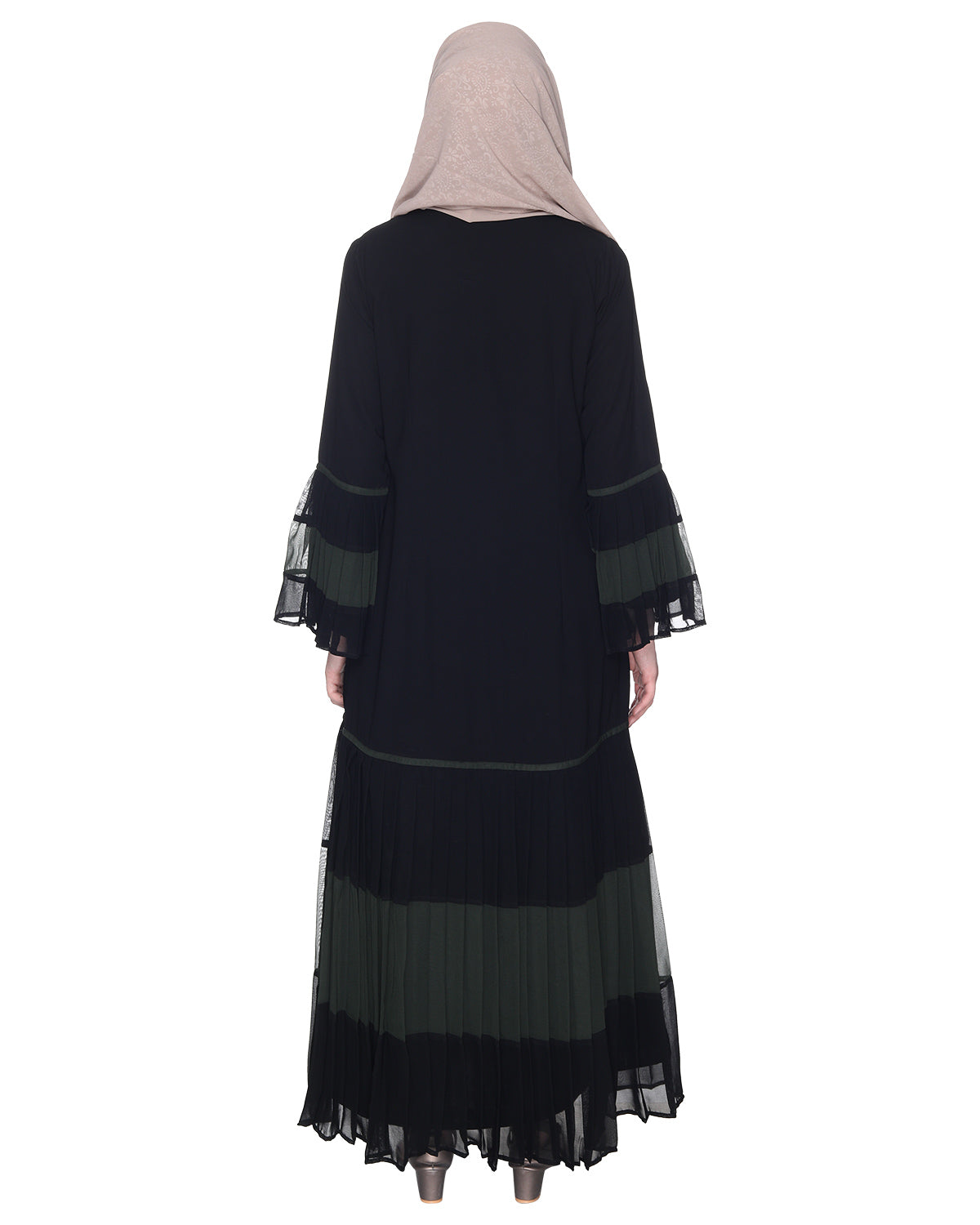 Bell Style Pleated Georgette Abaya Olive Black