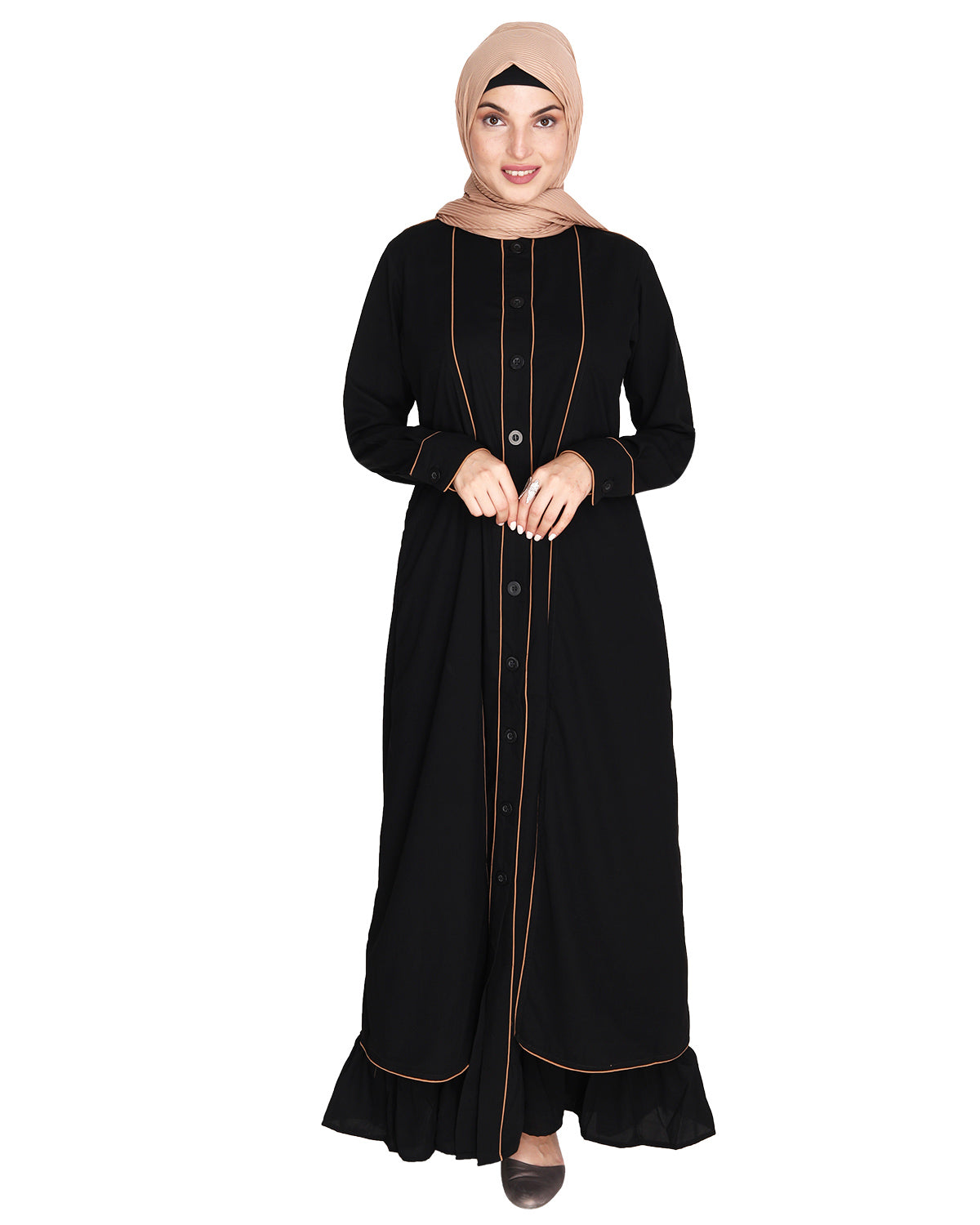 Two Panel Abaya with Beige Piping Design