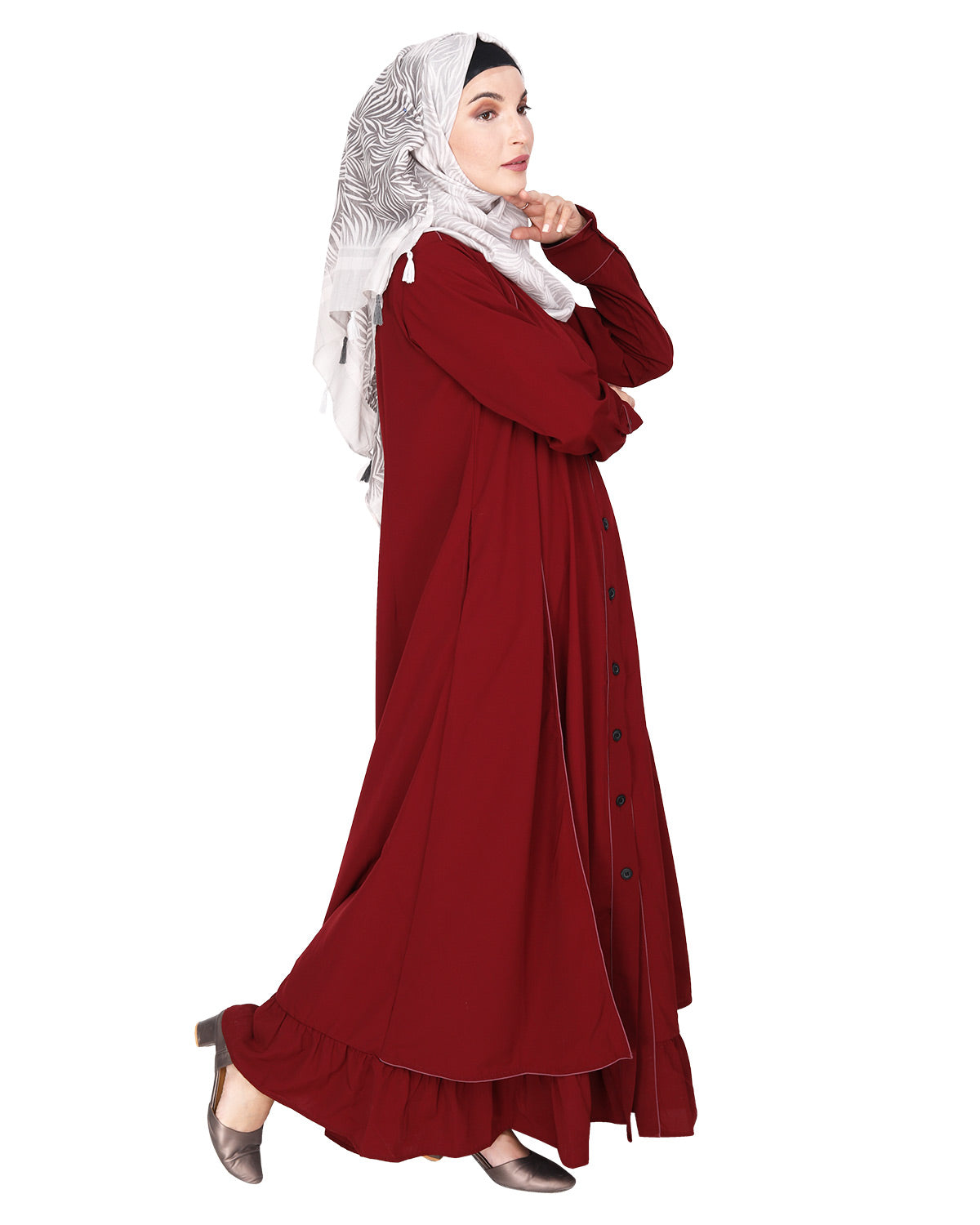 Two Panel Abaya with Beige Piping Design Black