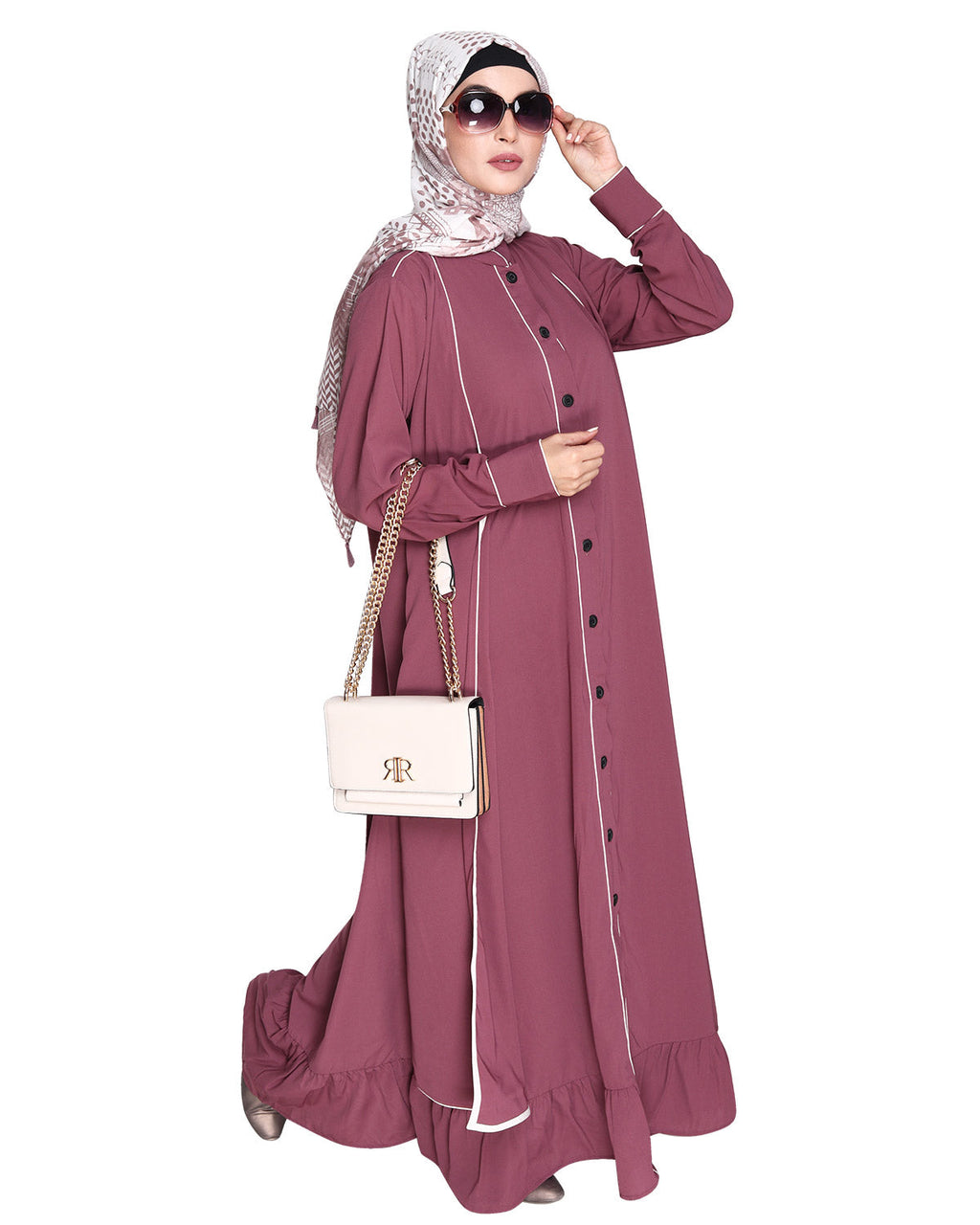 Two Panel Abaya with Beige Piping Design Maroon