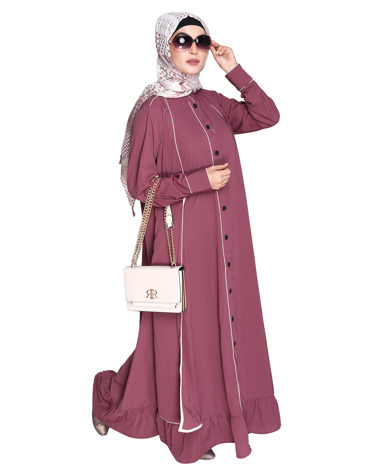 Two Panel Abaya with Beige Piping Design Maroon