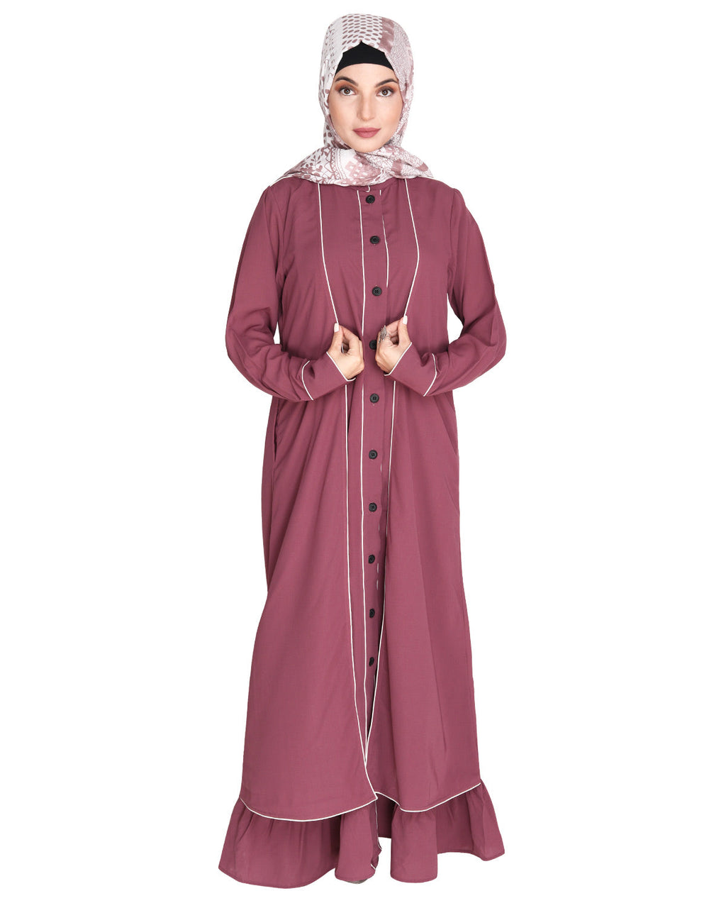Two Panel Abaya with Beige Piping Design Maroon