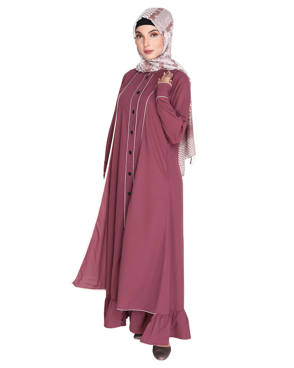 Two Panel Abaya with Beige Piping Design Onion Pink