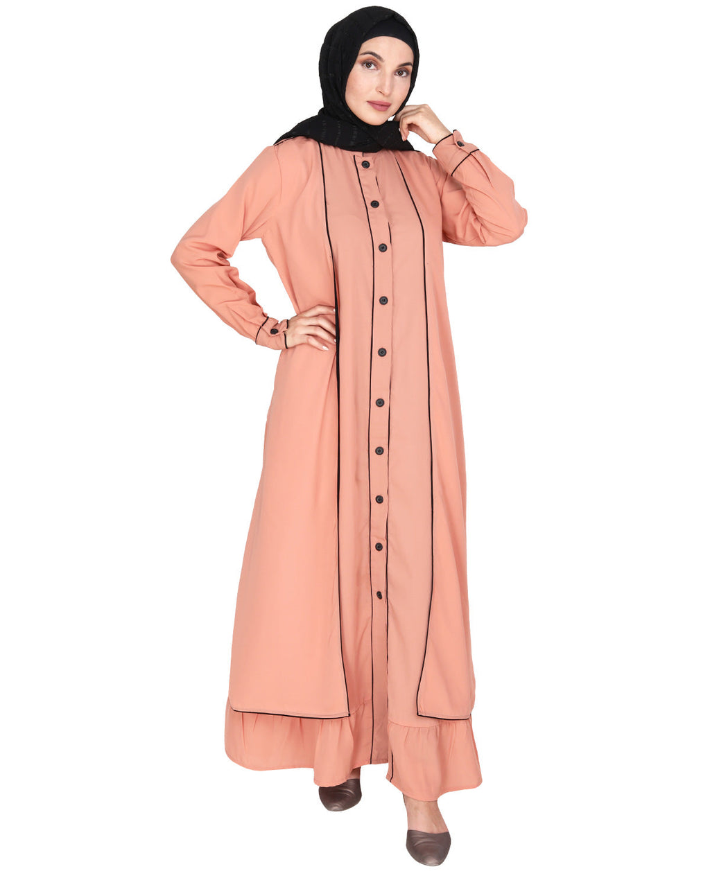 Two Panel Abaya with Beige Piping Design Onion Pink