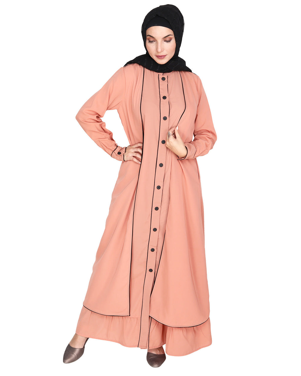 Two Panel Abaya with Beige Piping Design Onion Pink
