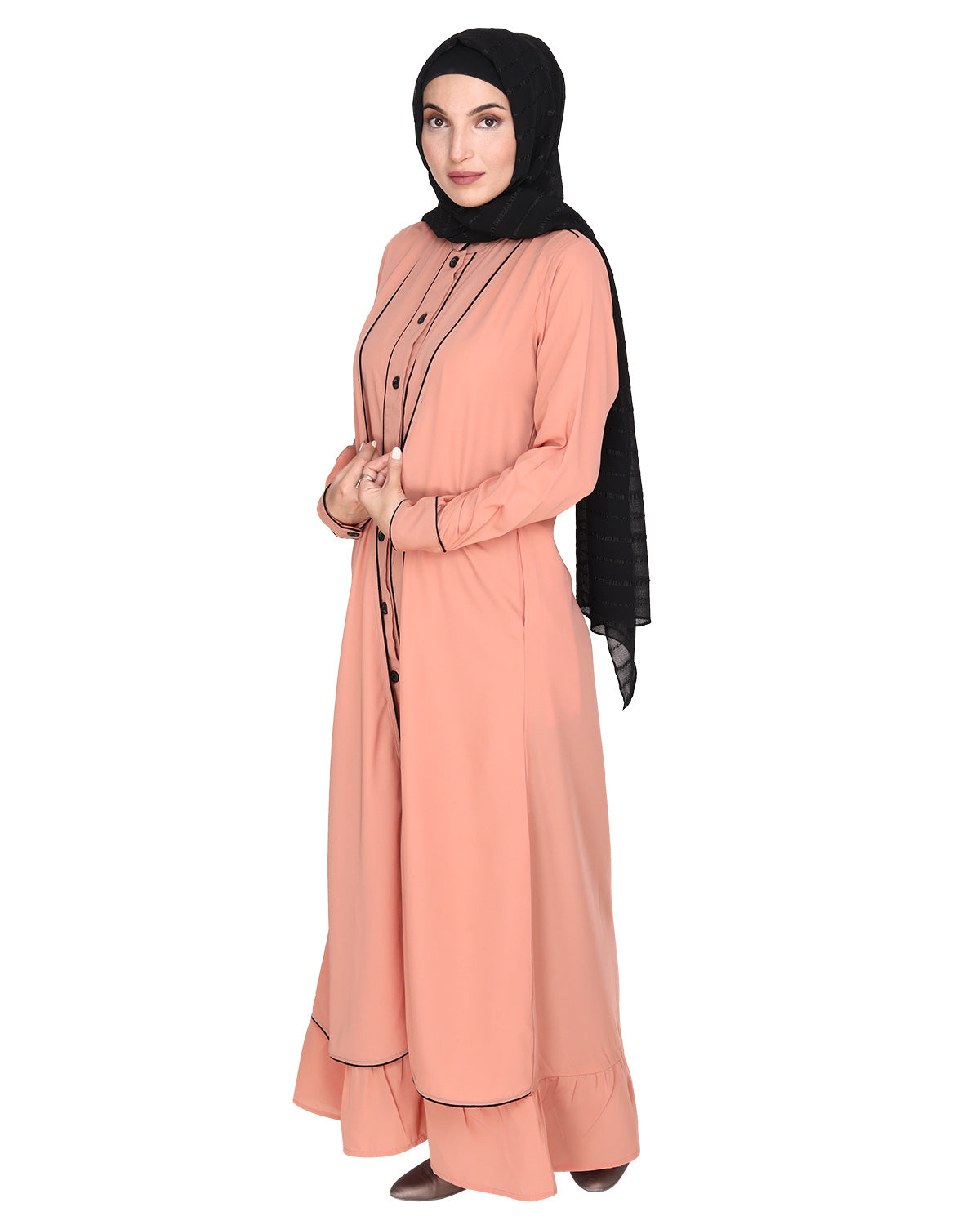 Two Panel Abaya with Beige Piping Design Orange