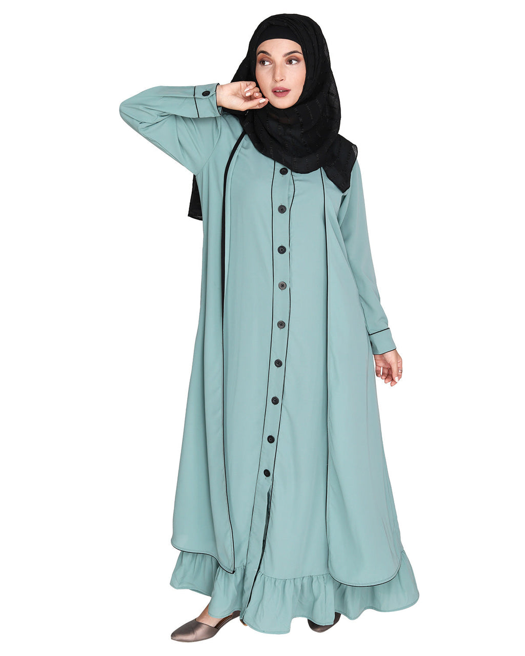 Two Panel Abaya with Beige Piping Design Sage Green