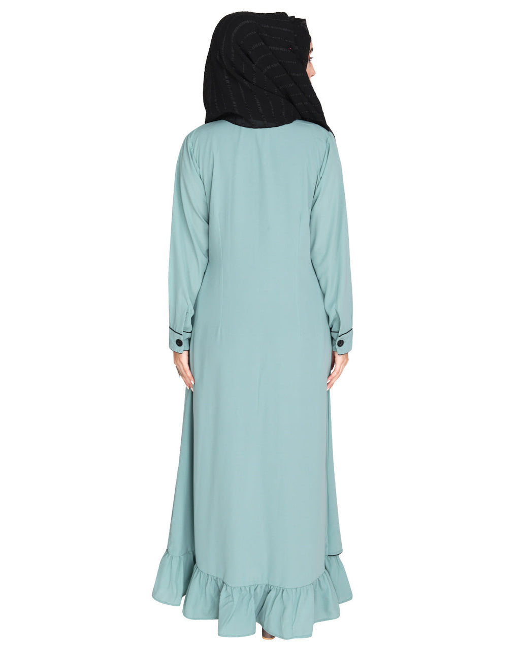Two Panel Abaya with Beige Piping Design Sage Green