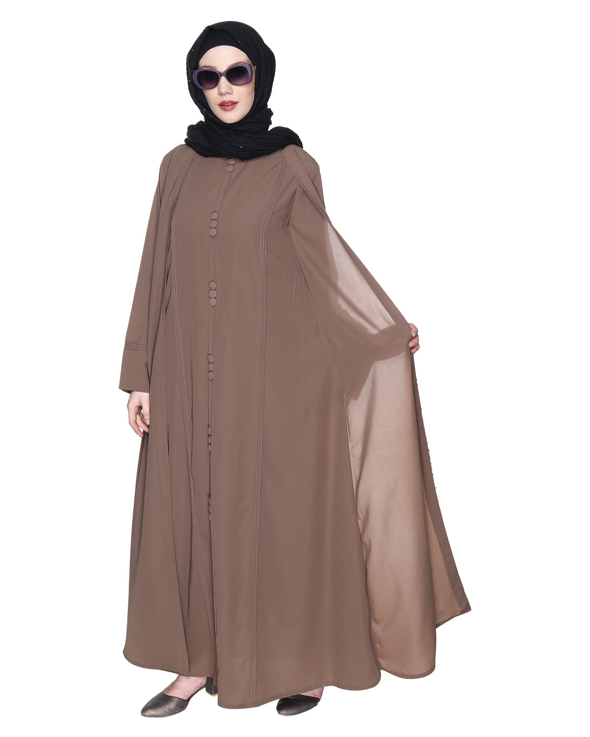 Besuited Oak Brown Double Panel Abaya With Pintucks Oak Brown