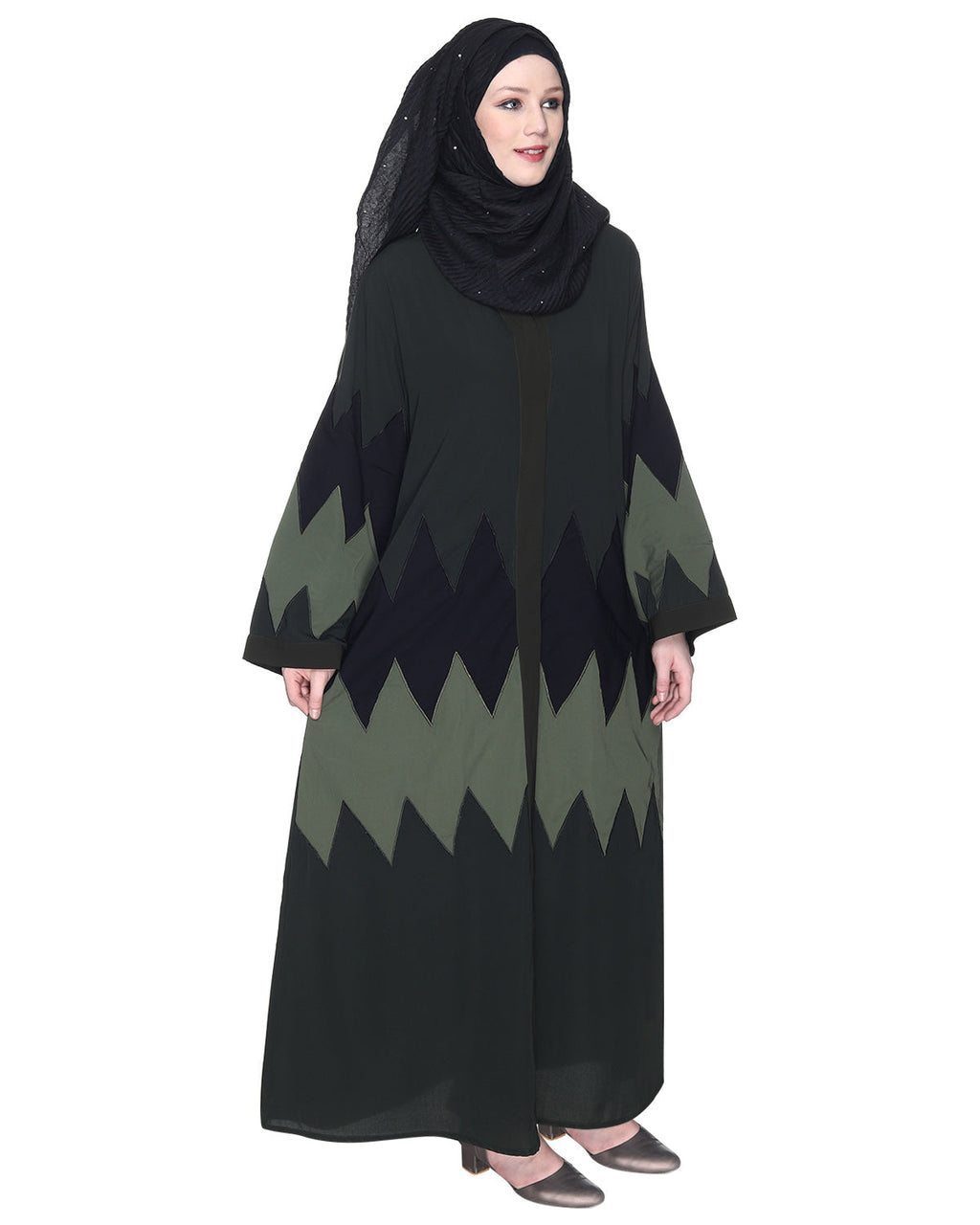 Zig Zag Style Olive Green Abaya With Shaded Embroidered Panels