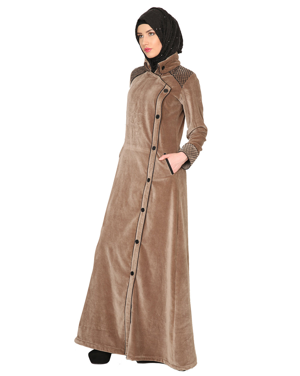 Oak-colored Velvet Coat-style Abaya Beige