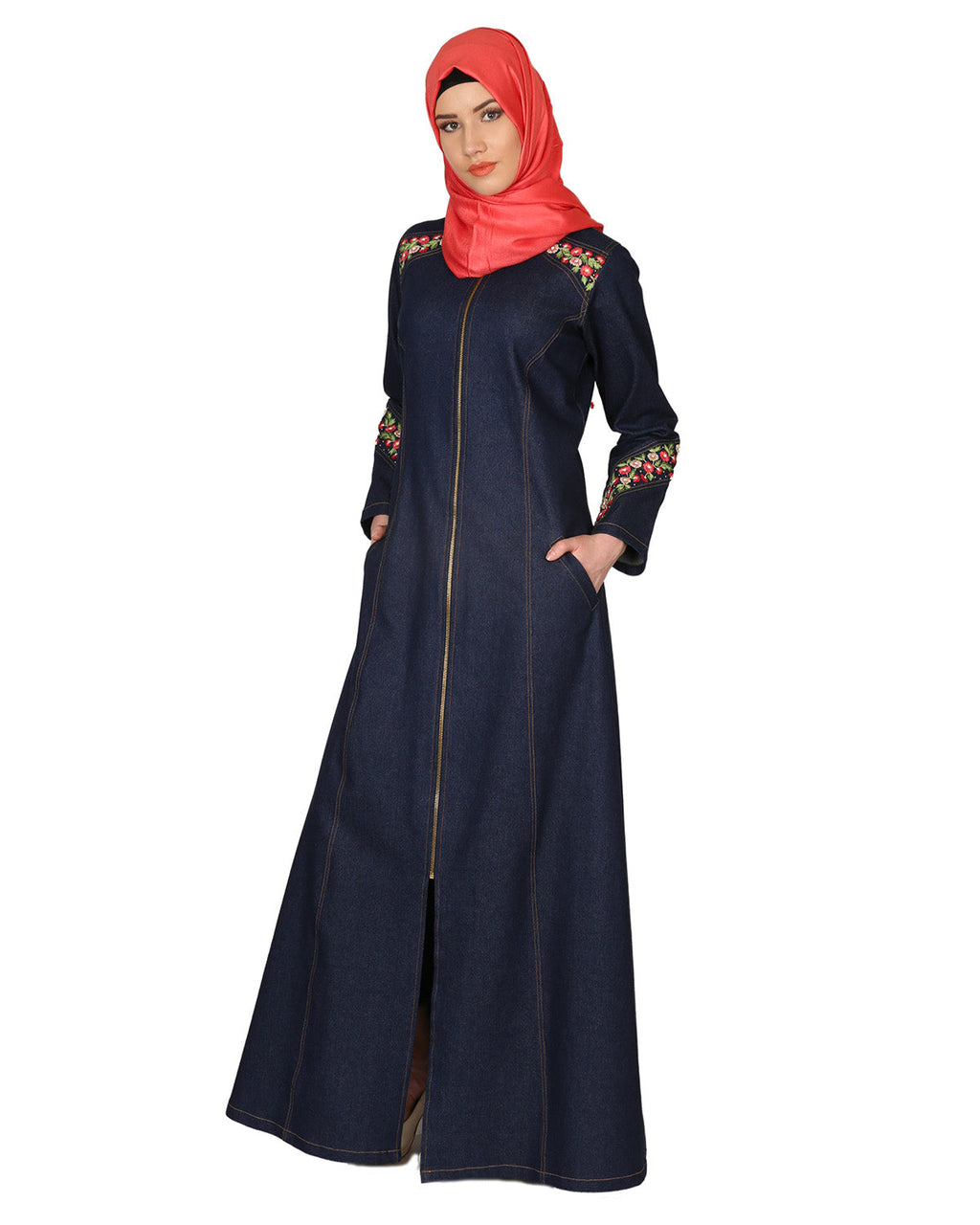 Denim Coat-abaya with pretty hand-embroidery Blue