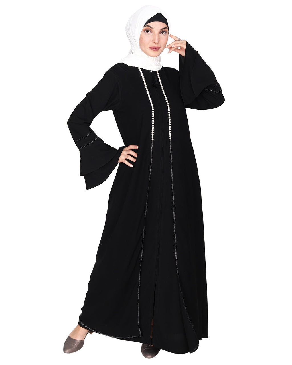 Abaya with Georgette Panel Lined with Pearls Black
