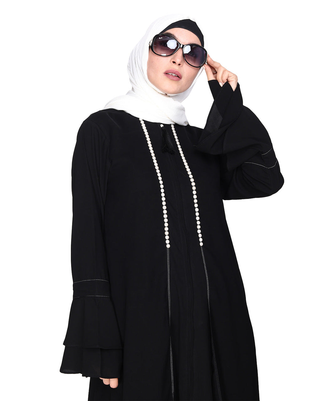 Abaya with Georgette Panel Lined with Pearls Black