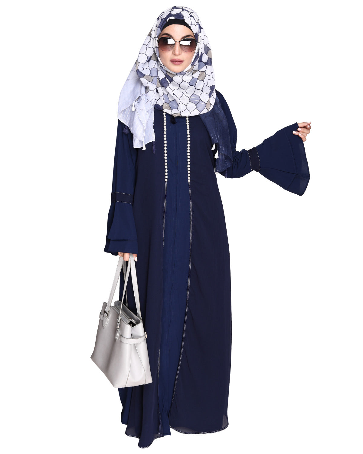 Abaya with Georgette Panel Lined with Pearls Blue