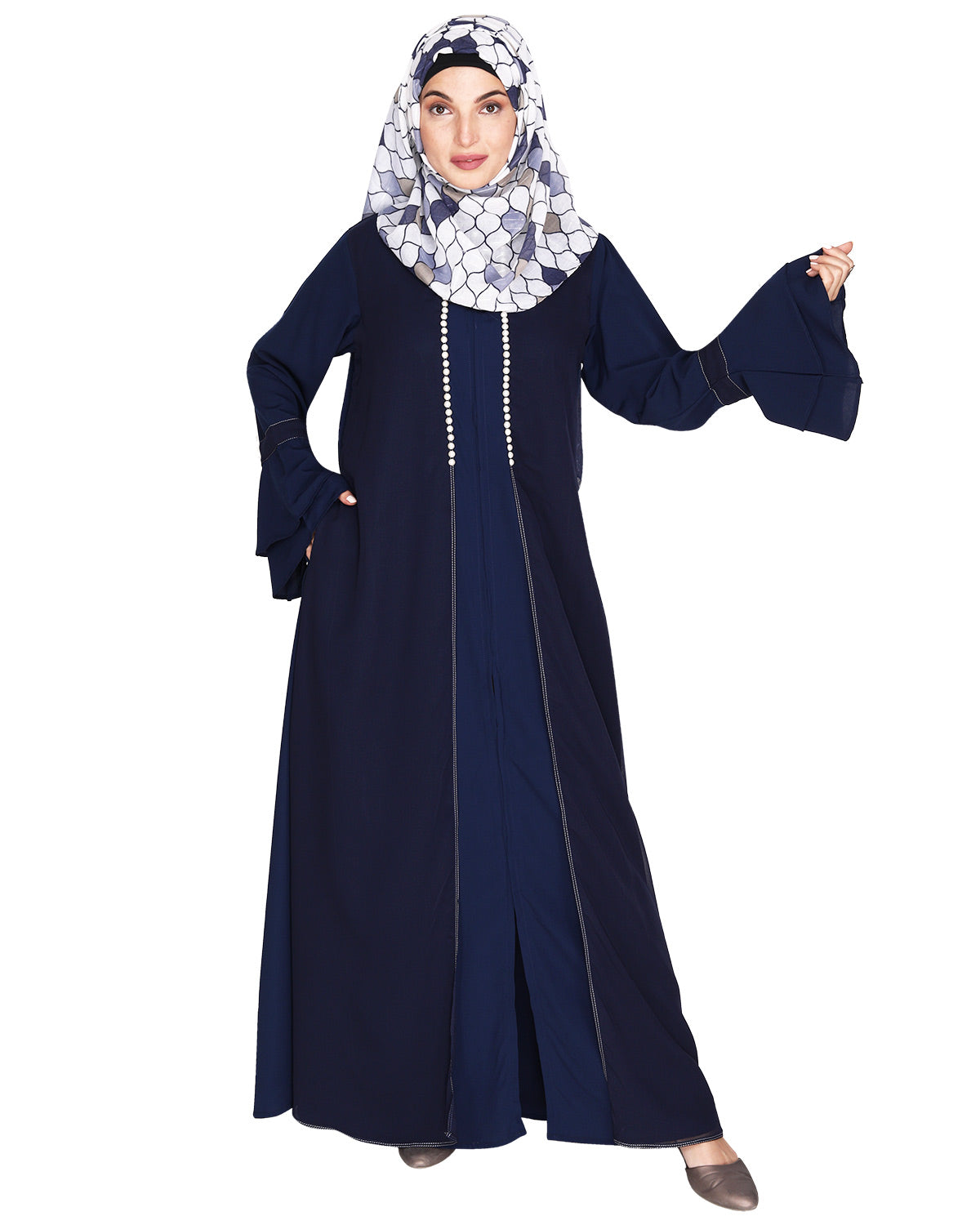 Abaya with Georgette Panel Lined with Pearls Blue