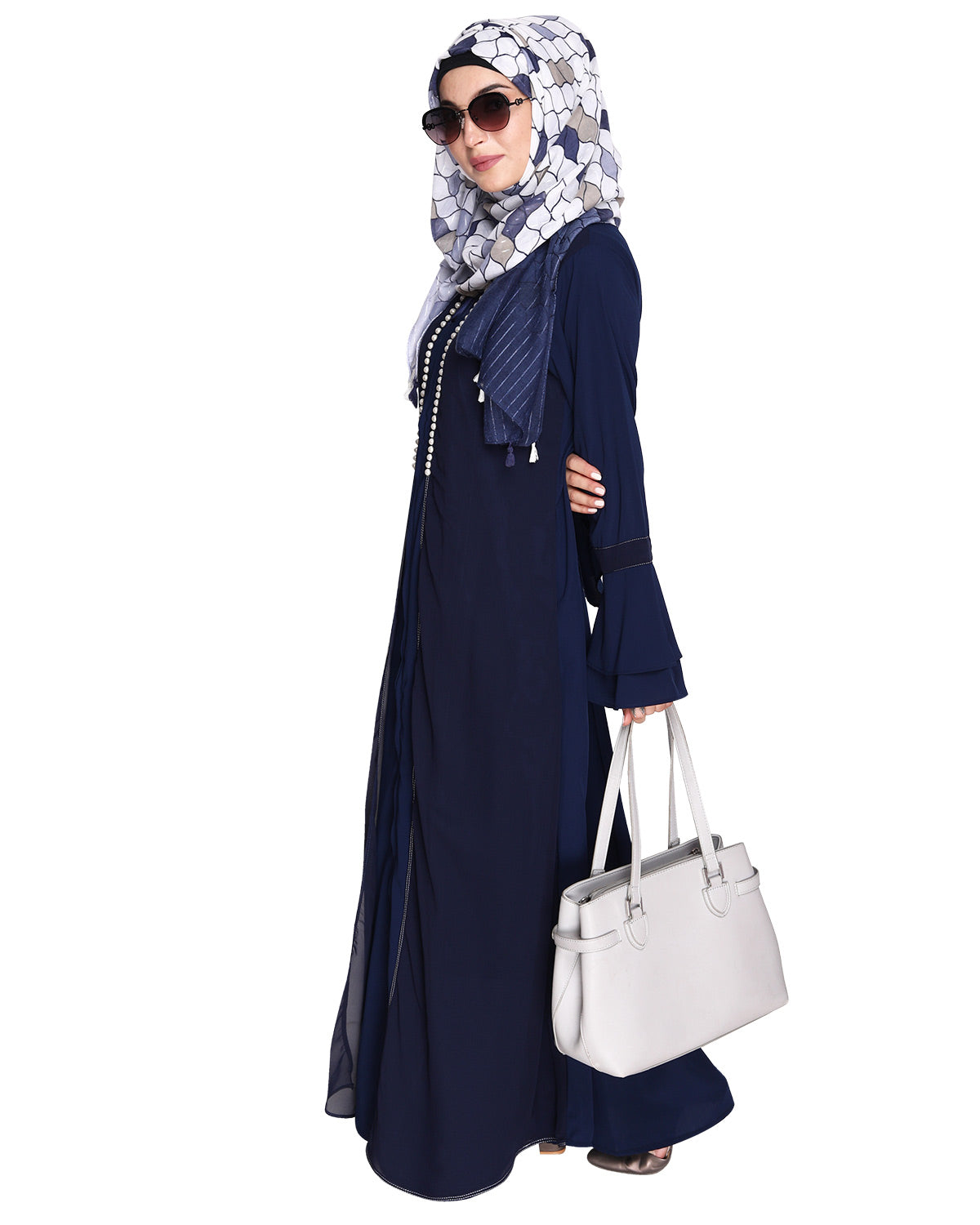 Abaya with Georgette Panel Lined with Pearls Blue