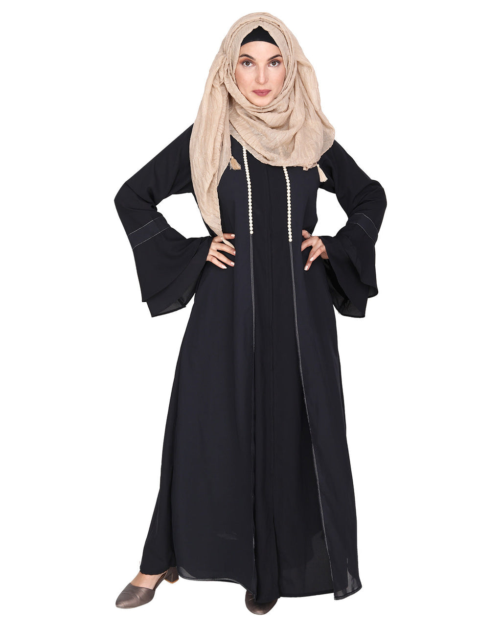Abaya with Georgette Panel Lined with Pearls Dark Grey