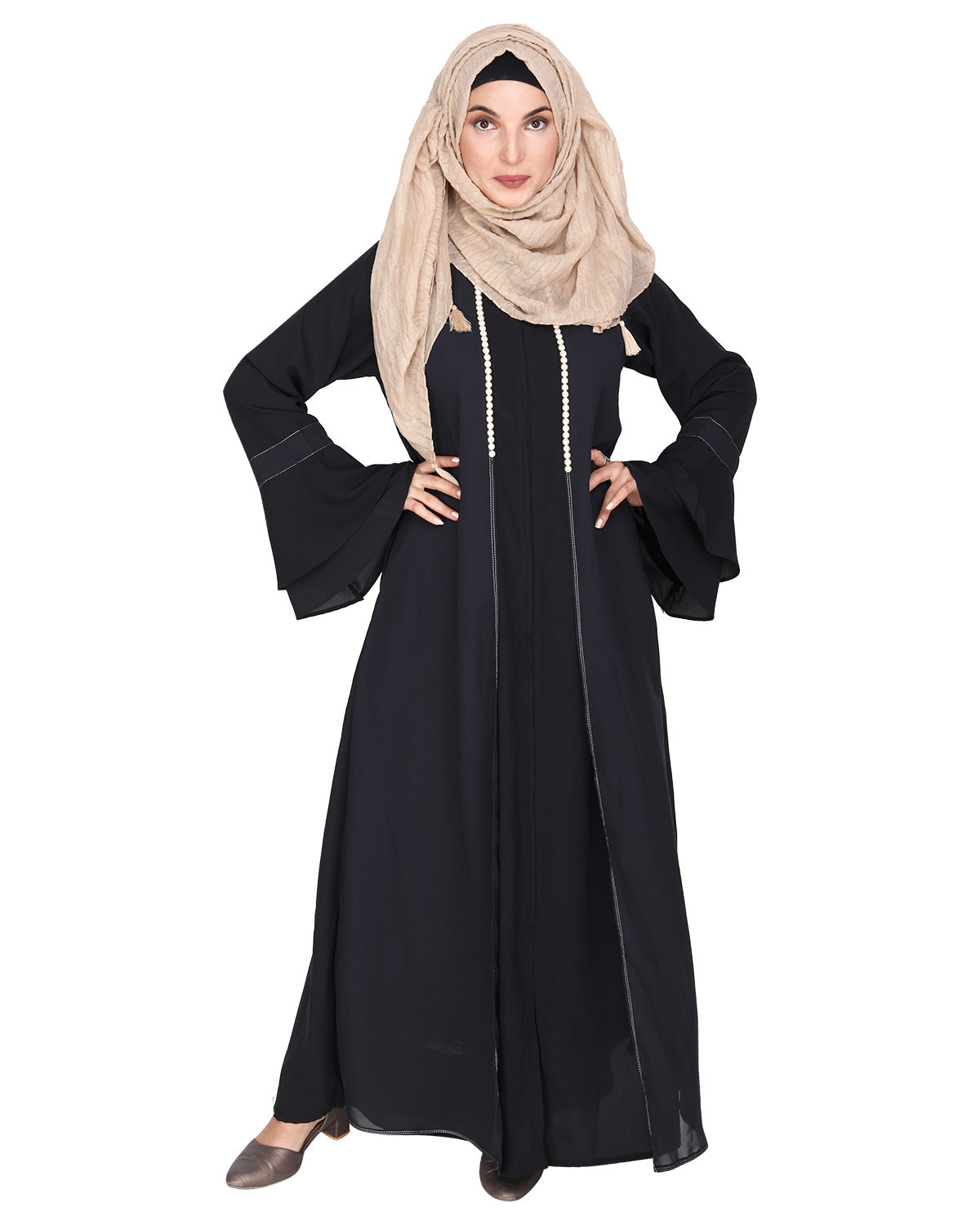 Abaya with Georgette Panel Lined with Pearls Dark Grey