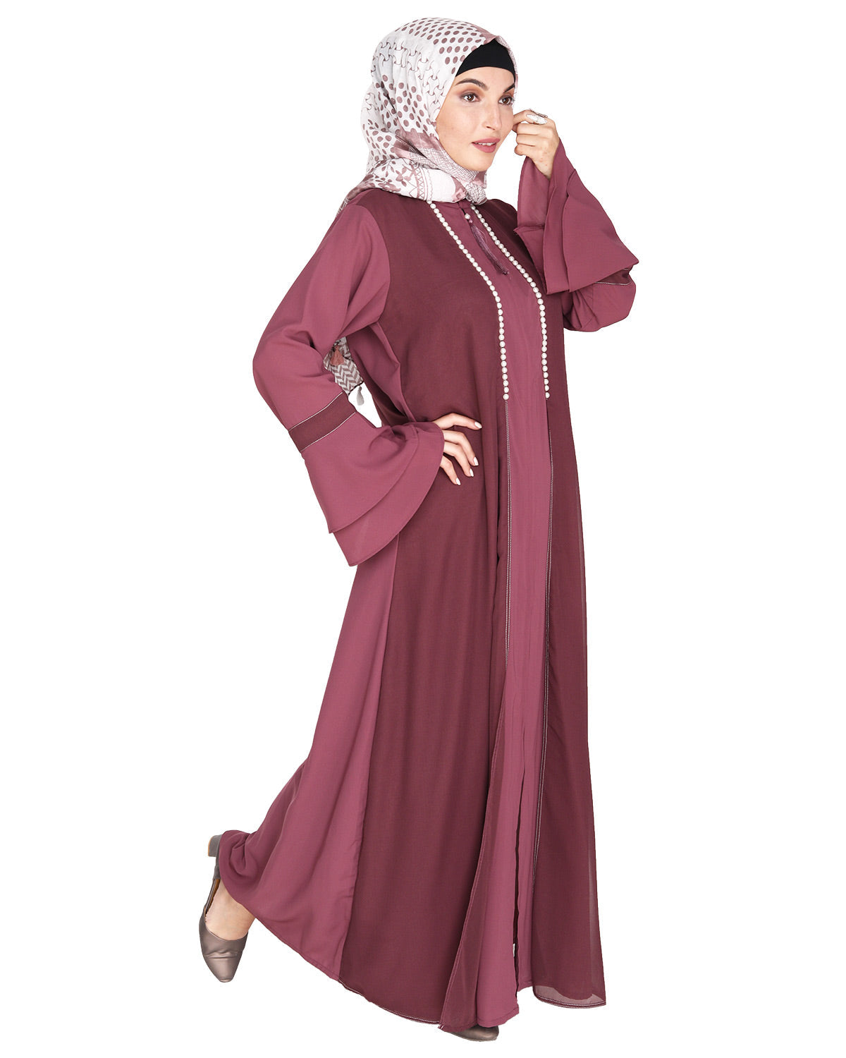 Abaya with Georgette Panel Lined with Pearls Dark Onion Pink