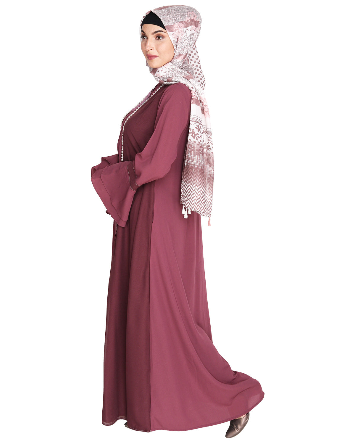 Abaya with Georgette Panel Lined with Pearls Dark Onion Pink