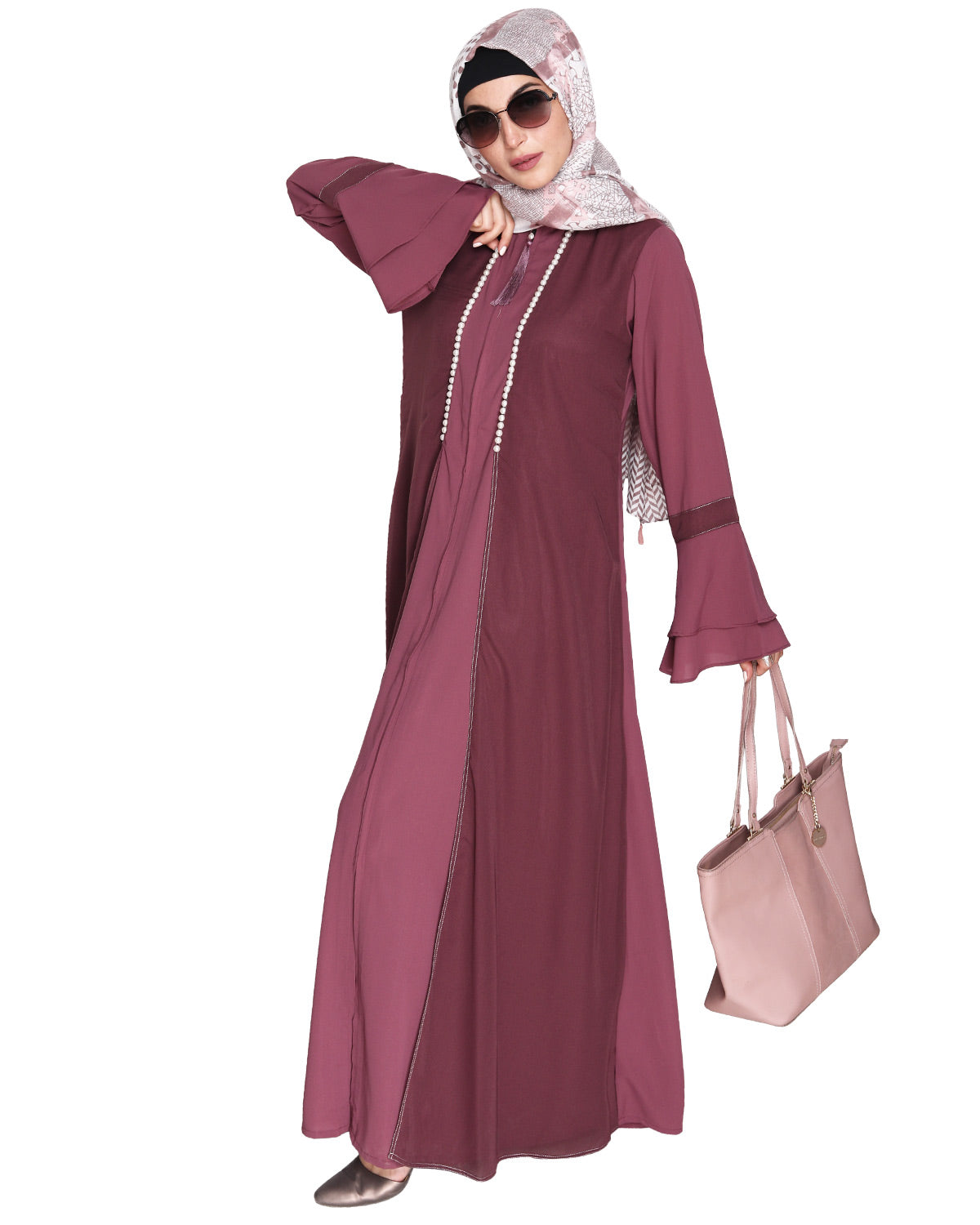 Abaya with Georgette Panel Lined with Pearls Dark Onion Pink