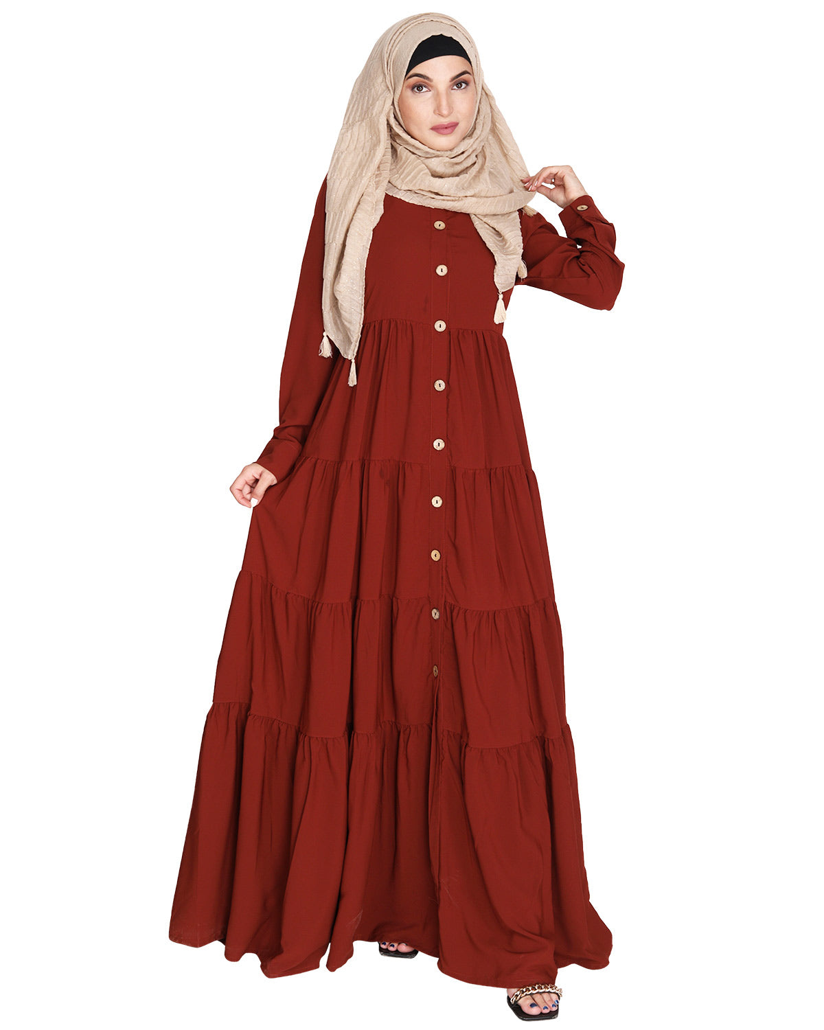 Contemporary Multi Layered Gather Dress Brick Red