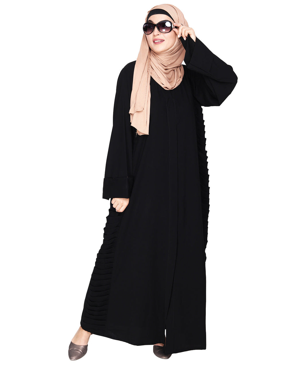 Tinselled Abaya with Frilled Side Panels Black S