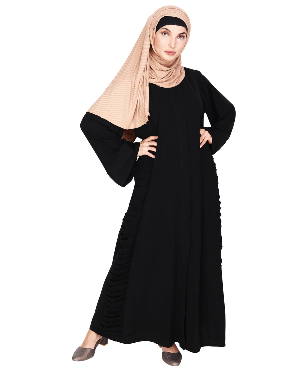 Tinselled Abaya with Frilled Side Panels Black S