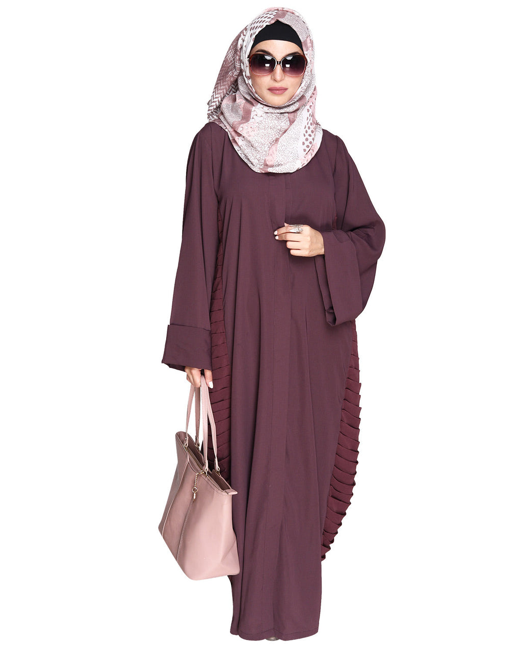 Tinselled Abaya with Frilled Side Panels Maroon S