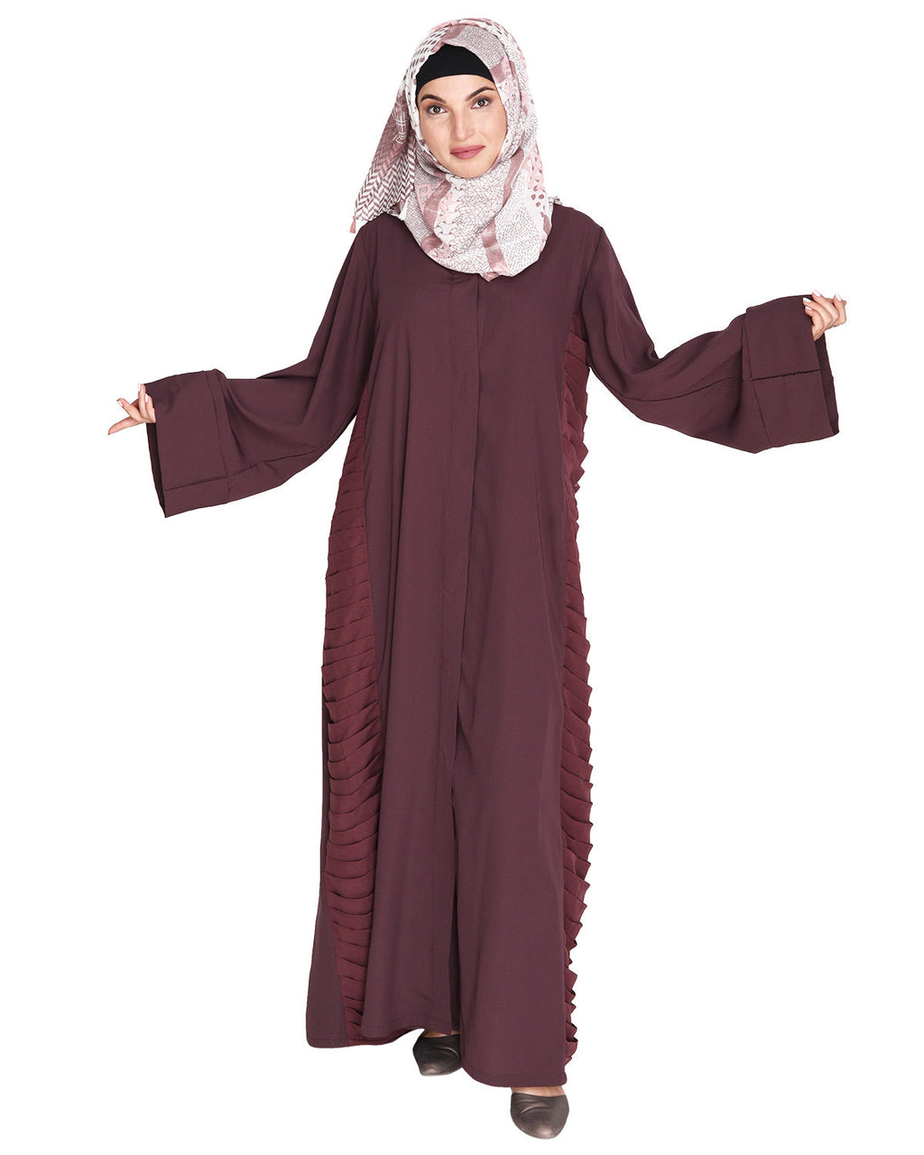 Tinselled Abaya with Frilled Side Panels Maroon S