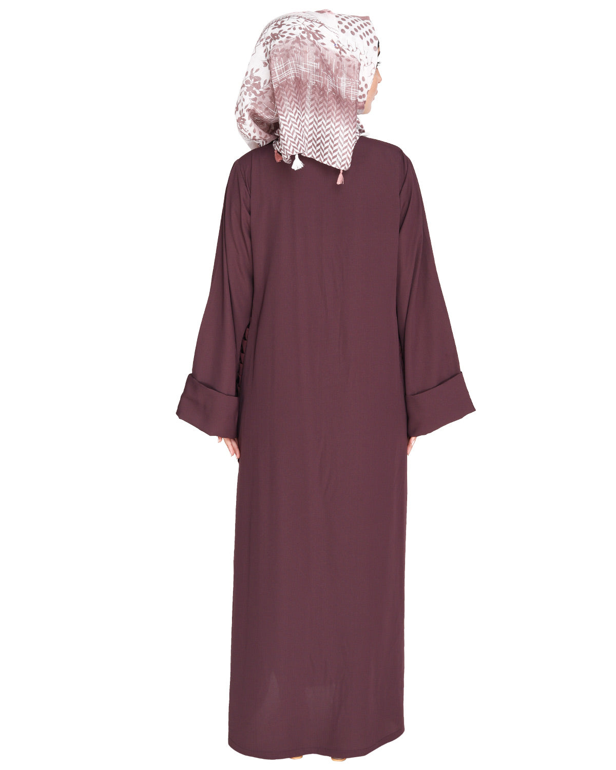 Tinselled Abaya with Frilled Side Panels Maroon S