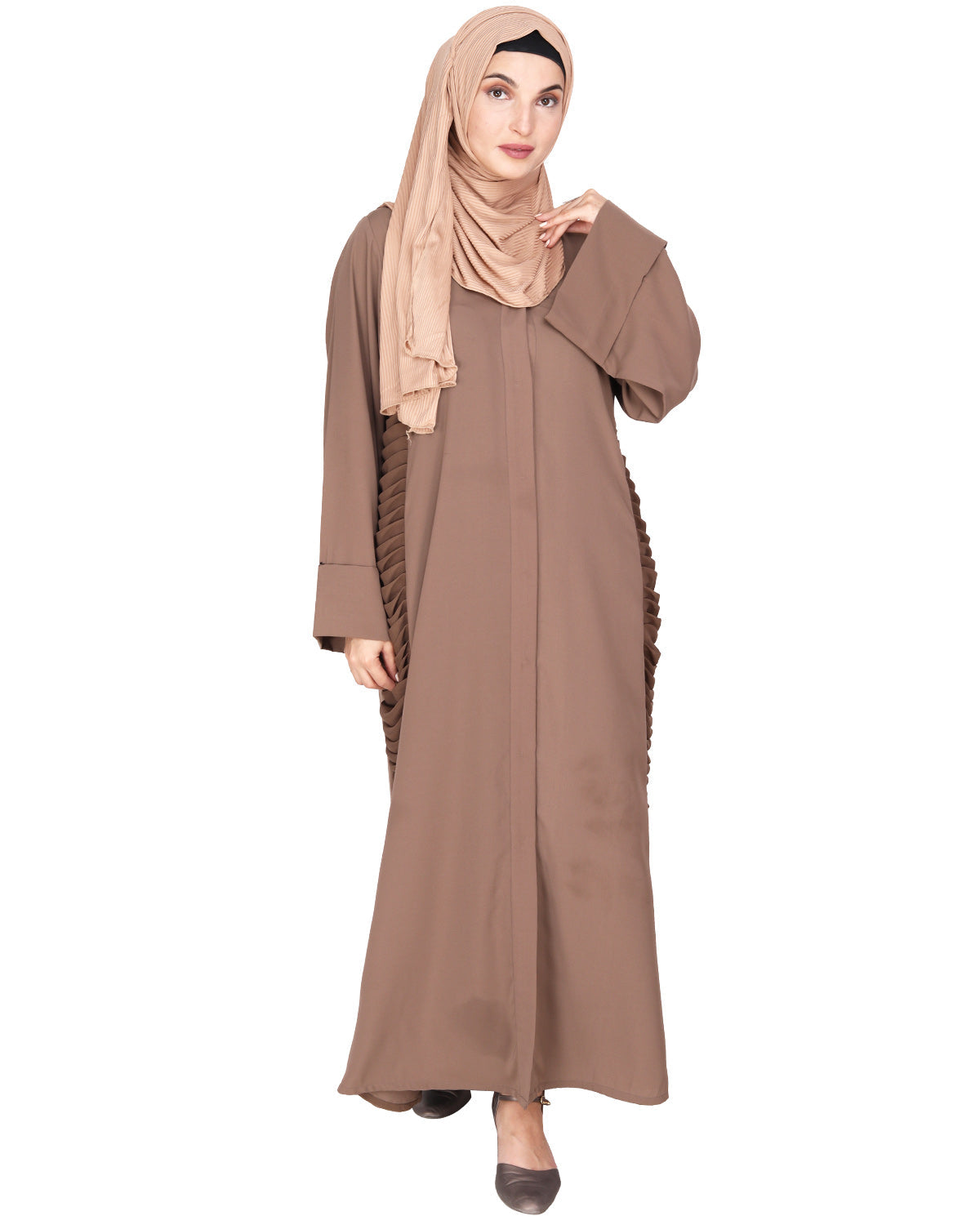 Tinselled Abaya with Frilled Side Panels Oak Brown S