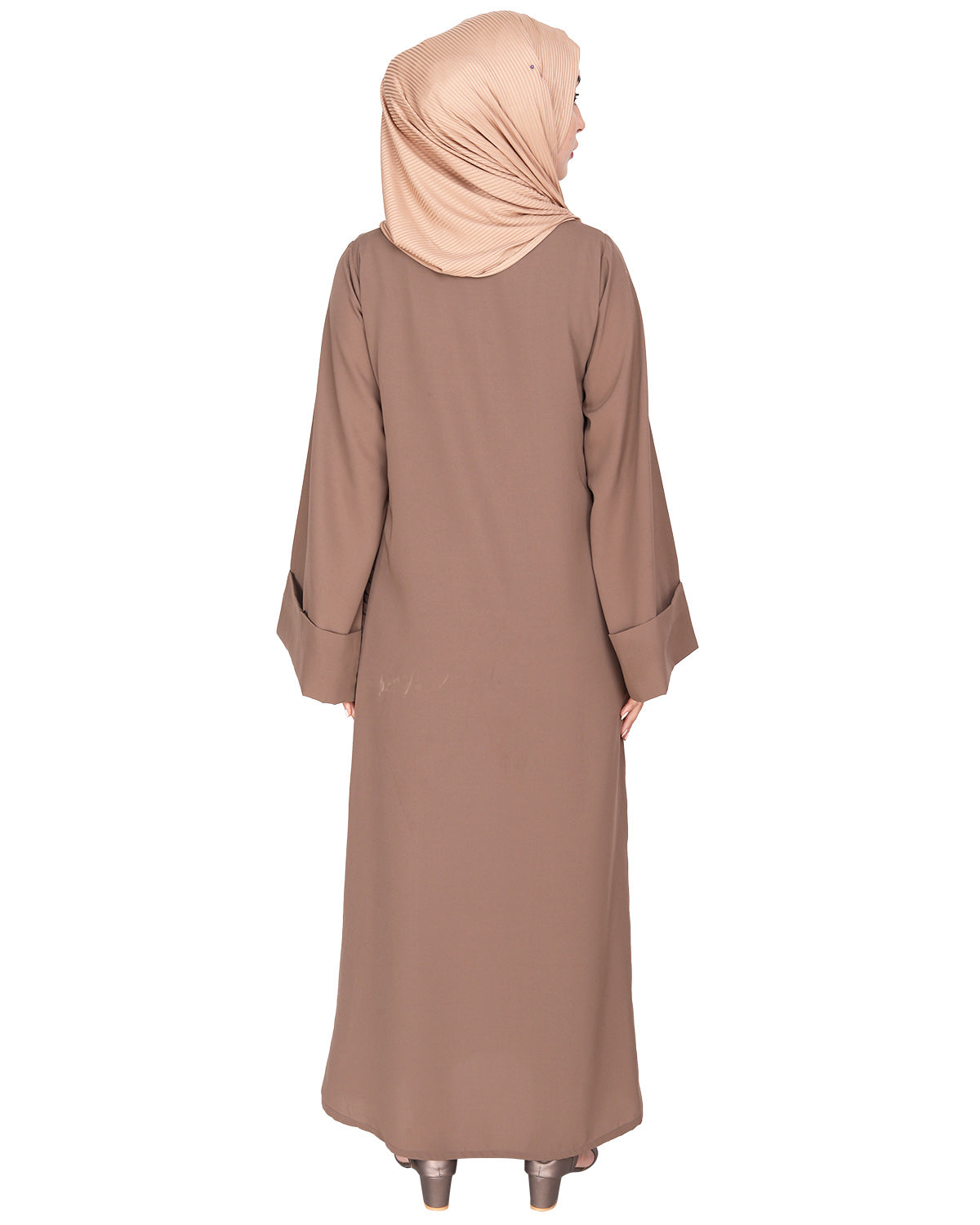 Tinselled Abaya with Frilled Side Panels Oak Brown S