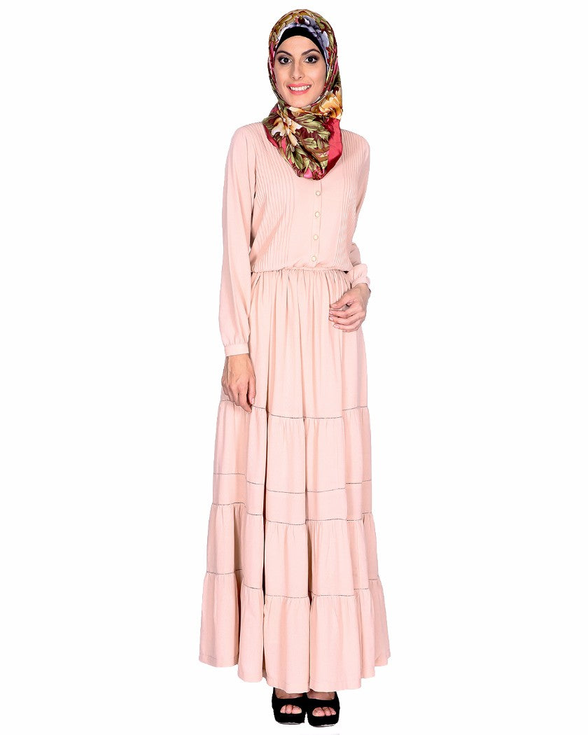 Beige Pintucks Yoke Long Maxi Dress Beige