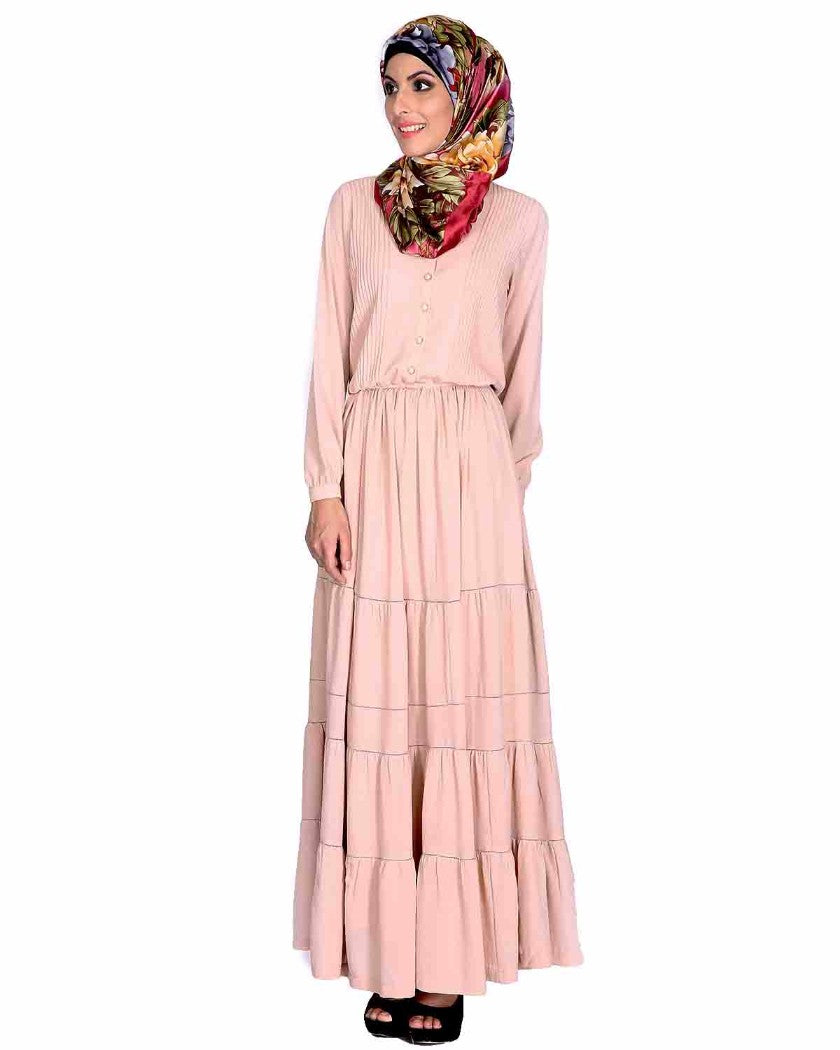 Beige Pintucks Yoke Long Maxi Dress Beige