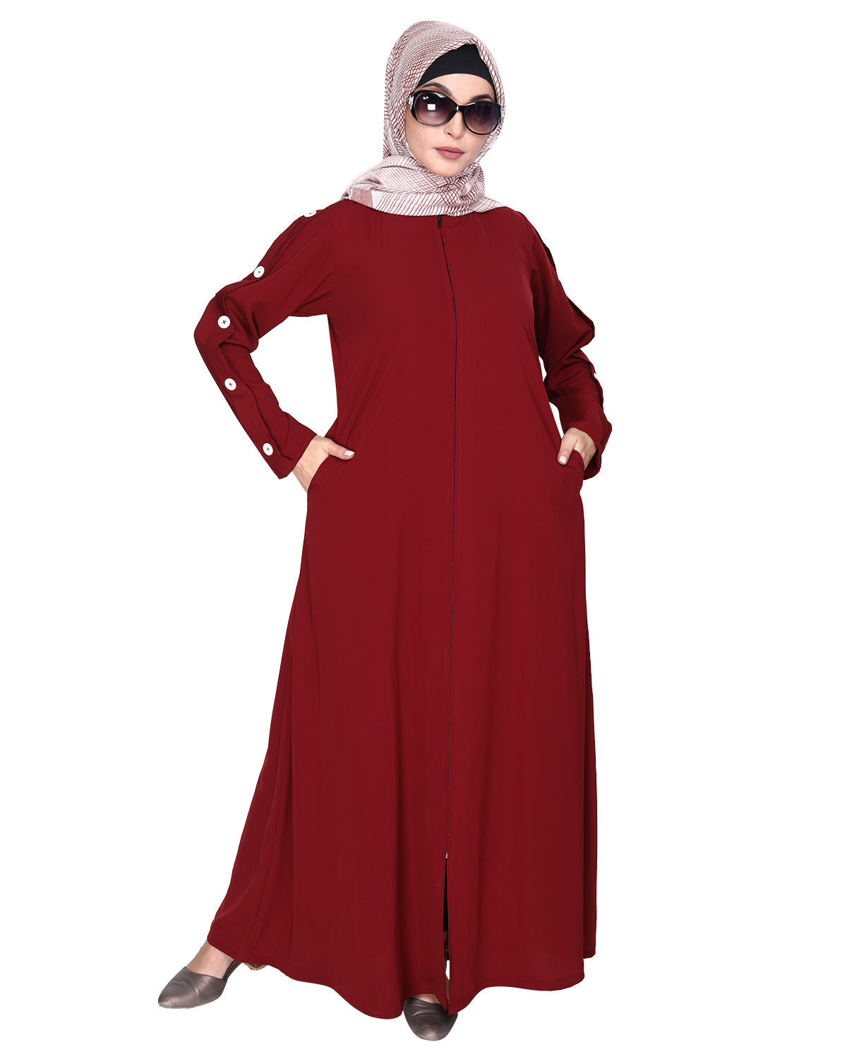 Delightful and Simple Abaya with Designer Sleeves Maroon